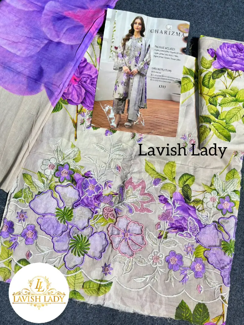 Charizma Inspired Premium Embroidered Unstitched Cotton 3pc